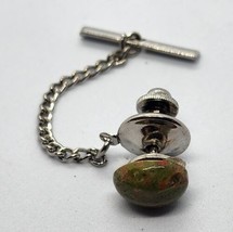 Vintage Tie Tack / Tie Pin Silver Tone Cabochon Green Unakite Stone Healing - $11.87