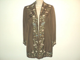 Talbots Petites Jacket Size 4 Brown with Floral Embroidery Open Front Silk Blend - £17.99 GBP