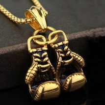 Men&#39;s Gold 3D Boxing Gloves Pendant Necklace Punk Hi Hop Biker Jewelry Chain 24&quot; - £13.51 GBP