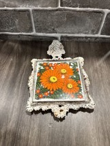 Vintage Cast Iron Ceramic Tile Trivet Retro Flowers Kitchen Decor Cathay... - $14.85