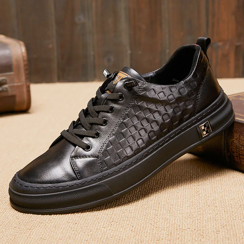 European New Genuine Leather Casual Shoes for Men Checkered Flats Skateb... - $89.48