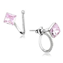 High Polished Stainless Steel Pink Crystal Princess Cut Spiral Cut Earrings - £11.38 GBP