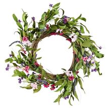Artificial Decorative Wreath, 22 in, Pink Green, Decorated with Daisies,... - $34.76