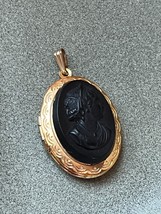 Vintage Etched Oval w Thick Black Carved Plastic Cameo Locket Pendant – 1 and 1/ - £10.42 GBP