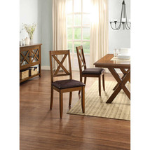 Dining Room Chairs Set Of 2 Wood Brown Cross Back Chair Padded Seat Faux Leather - £115.35 GBP
