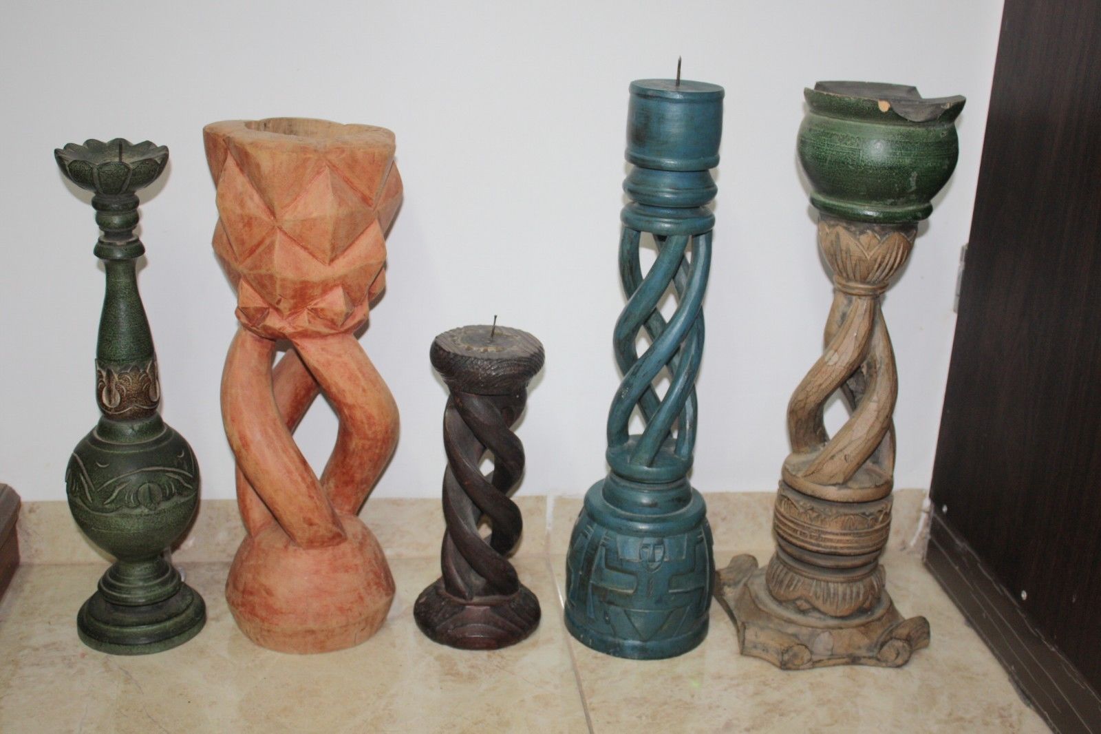Antique Twisted Wooden Floor Candle Holder Сandlestick Hand Carved Large 20" - $78.65