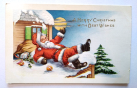 Santa Claus Christmas Postcard Falling Down On Snow Covered Roof Moon Whitney - £16.07 GBP