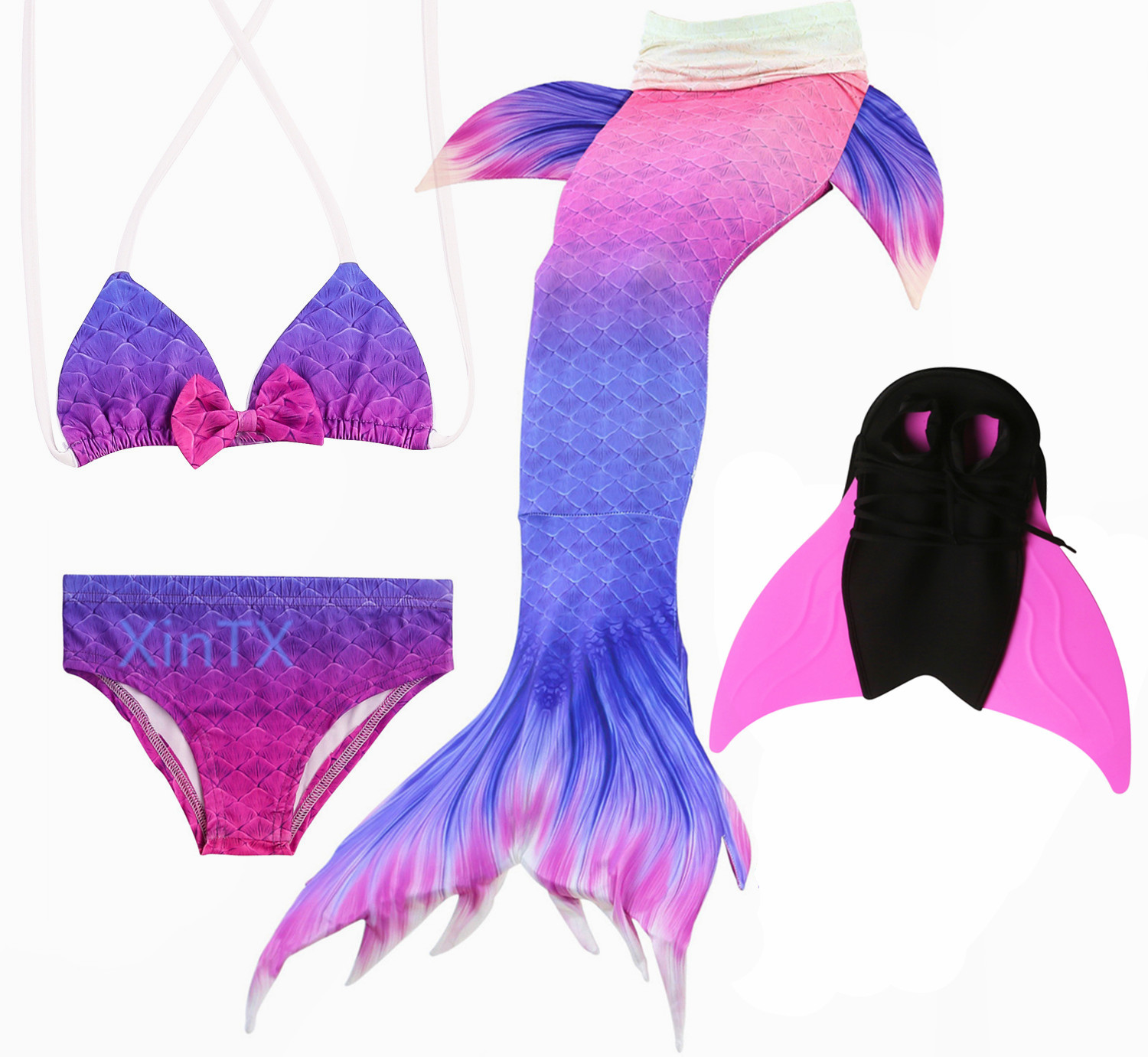 New! Kids Mermaid Tail With Monofin Fancy Girls Purple Swimsuit Bikini Costume