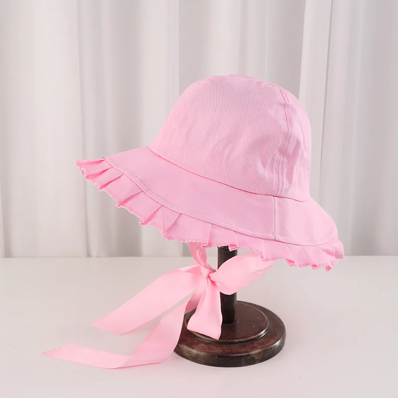 Summer Korean Hat Women Sweet Ruffles Wide Brim Bucket Hat Strap Fisherman Hat - £11.64 GBP