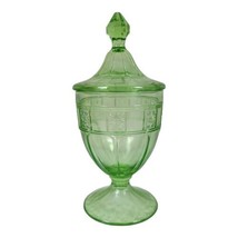 Vintage Uranium Glass Covered Candy Dish 8&quot; Tall Jeannette Glass Doric - $126.10