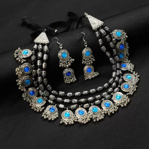 Bollywood Indian Ethnic Necklace Blue CZ Silver Oxidized Jhumka Earrings Set - £15.74 GBP