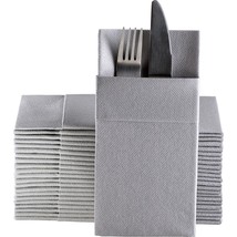 Silver Dinner Napkins Cloth Like With Built-In Flatware Pocket, Linen-Fe... - $49.99