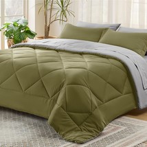 Olive Green Queen Comforter Set - 7 Pieces Reversible Queen Bed In A Bag Queen B - £70.50 GBP