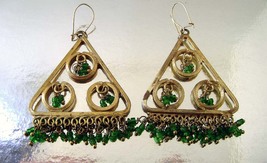 Vintage Bohemian Chandelier Earrings Gold tone Gypsy Green Glass Fringe ... - £15.75 GBP