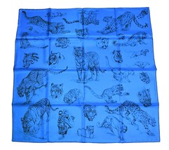 Hermes Scarf Dans l&#39;atelier de Robert Dallet 90 cm silk blue Carre jaguar tiger - £690.64 GBP