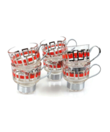 Six vtg 1970s glass coffee or tea cups red silver geometric pattern meta... - $55.94 CAD