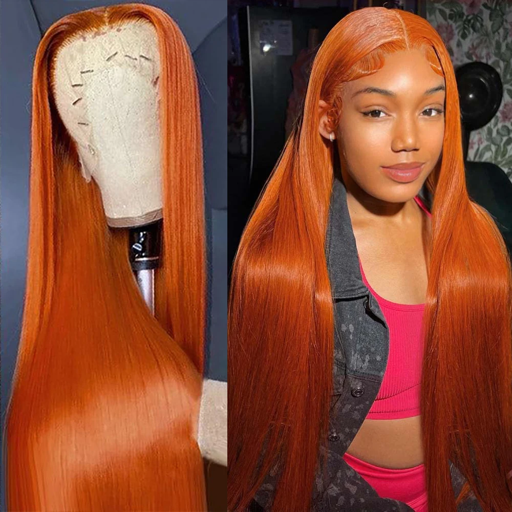 4x4 Closure Orange Ginger Wig Lace Front Human Hair Wig 13x4 Bone Straight La - £71.13 GBP+
