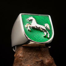 Shield shaped Lower Saxony Mens Seal Pinky Ring Horse on green - Sterling Silver - £67.47 GBP