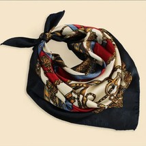 Vintage Chain Print Square Scarf Blue Red and Gold Elegant Satin Neckerc... - $24.50