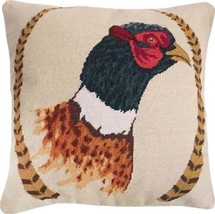 Throw Pillow Needlepoint Pheasant and Feathers 18x18 Beige Back Cotton Velvet - £239.00 GBP
