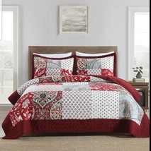 3pc. Handmade Red White Floral 100% Cotton Patchwork Queen Size Coverlet... - £175.20 GBP
