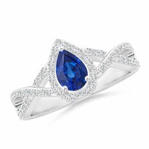 ANGARA Twist Shank Pear Blue Sapphire Ring with Diamond Halo in 14K Gold - £1,230.80 GBP