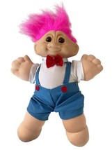 Vintage Troll Plush 12&quot; Doll Russ Blue Overalls Pink Hair Toy Nerdy - £15.01 GBP
