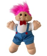 Vintage Troll Plush 12&quot; Doll Russ Blue Overalls Pink Hair Toy Nerdy - £14.92 GBP