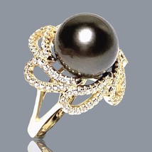 Cocktail Ring With Black Green 11.5mm Round Tahitian South Sea Pearl Design Sz 6 - £100.06 GBP