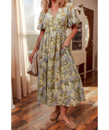 Multicolour Vintage Floral V Neck Short Puff Sleeve Long Dress - $33.88 CAD