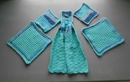 Handmade Crocheted Dishtowel,Placemat,Mug Rug Set-Cotton-Aqua,Blue,Purple,Pink - £30.50 GBP