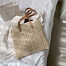 Square Hollow Straw Beach Bag Handmade Woven Shoulder Bag Raffia Rattan Shopping - £35.74 GBP