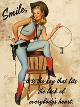 Smile It Unlocks Hearts Cowgirl Pin Up Metal Sign - £23.94 GBP