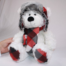 HUGFUN White Polar Christmas Teddy Bear With Red Plaid Scarf Hat Plush Toy 18&quot;  - £9.30 GBP
