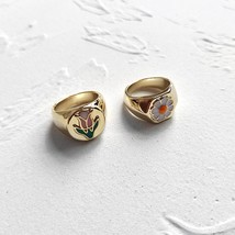 Ox gold color tulip daisy flower rings colorful enamel geometric rings for women size 7 thumb200