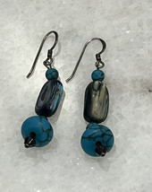 Sterling Silver 925 Faux Turquoise &amp; Abalone Drop Dangle Hook Earrings - $14.22