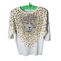 VTG White Tiger Knit Top With Rhinestones , Shoulder Pads 3/4 Sleeves - £15.81 GBP