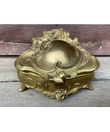 Vintage ART NOUVEAU Gold ROSES Flowers Casket Trinket Jewelry Box Footed  - £46.67 GBP
