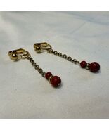 Vintage Gold Tone Red Bead Dangle Earrings Clip On Chain Drop Retro Style - $18.99