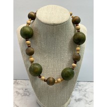 Wood Bead Balls Necklace Vintage Green Brown Boho Earthy 15&quot; - £14.35 GBP