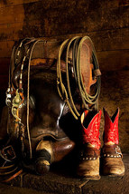 In the Barn by Robert Dawson Canvas Giclee Cowboy Gear Saddle Rope Boots... - $246.51