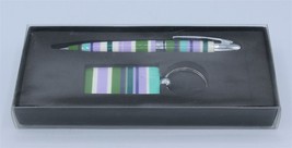 Pen &amp; Keychain Set - Multi Color Stripes - Green Purple White - £6.49 GBP