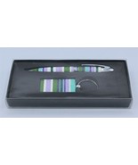 Pen &amp; Keychain Set - Multi Color Stripes - Green Purple White - £6.40 GBP