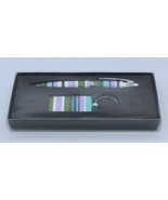 Pen &amp; Keychain Set - Multi Color Stripes - Green Purple White - £4.73 GBP