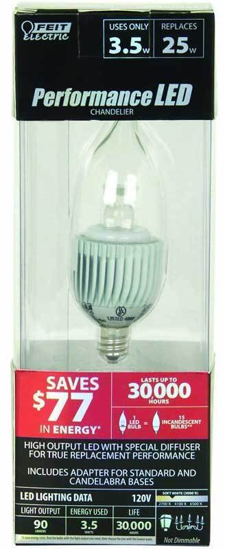 Feit Performance LED 3.5W / 25W 120V Clear CA10 Candelabra E12 Base CFC/... - $17.88