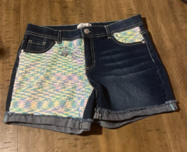 JORDACHE JEAN SHORTS GIRLS FLIP SEQUINS DISTRESSED ROLL CUFF  SIZE 16 - $209.16 MXN