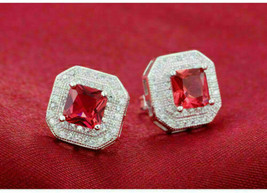2Ct Simulated Ruby Double Halo Stud Earrings 14K White Gold Plated Silver - £66.67 GBP