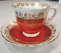 Crown Staffordshire Fine Bone China Coral and Gold Flowers Tea Cup and Saucer - £11.21 GBP