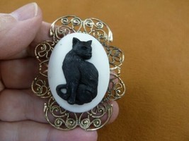 cm185-8) full body Cat kitten kitty white + black CAMEO brass Pin Pendant brooch - £19.95 GBP