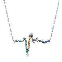 Sterling Silver Rainbow CZ Heartbeat Necklace - £39.24 GBP